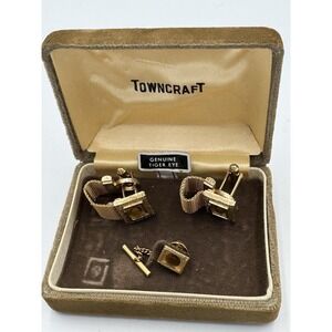 Vintage Dante Tiger Eye Cufflinks & Tie Chain Set Gold Tone Mesh Wrap